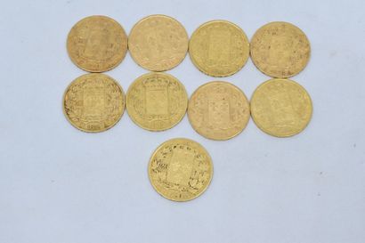 null Lot de 9 pièces. Louis XVIII 20 Francs or buste nu 6 exemplaires (1817 Lille,...