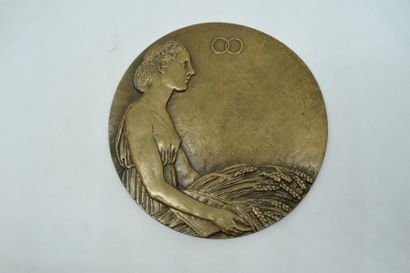 null Médaille uniface en bronze représentant une femme tenant des épis de blé. 

Signée...