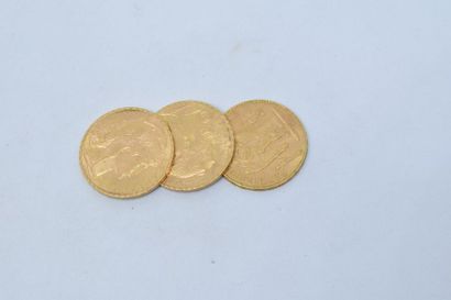 null Trois pièces en or de 20 francs. Deux au Coq (1914 x 2), une Dupré (1898). 

TTB...