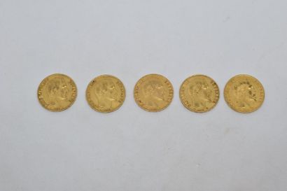 null Ensemble de cinq pièces en or de type Napoléon tête nue (1852 x 2 - 1854 x 1...