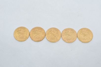 null Ensemble de cinq pièces de 20 F en or de type Coq 1909 - 1911 - 1913 - 1914...