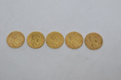 null Ensemble de cinq pièces de 20 F en or de Napoléon " tête laurée " : 1865 A -...