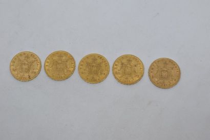 null Ensemble de cinq pièces de 20 F en or de Napoléon " tête laurée " : 1865 A -...