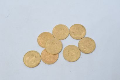 null Huit pièces en or de 20 francs Coq "Liberté, égalité, fraternité" (x7) (1908...