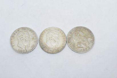 null ITALIE

Ensemble de trois pièces en argent de 5 Lires de 1871 - 1873 - 1876

Avers...