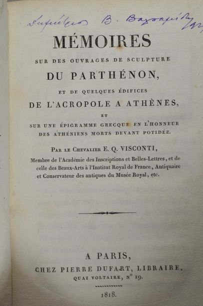 null PARTHÉNON. — VISCONTI. Mémoires sur des ouvrages de sculpture du Parthénon,...