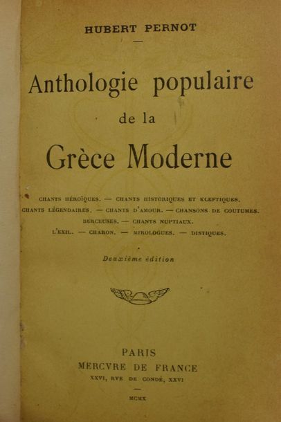 null PERNOT (Hubert). Anthologie populaire de la Grèce moderne. Deuxième édition....