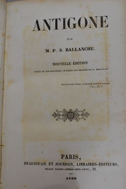 null BALLANCHE. Antigone. Nouvelle édition. Paris, Beaujouan et Jourdan, 1839. In-8,...