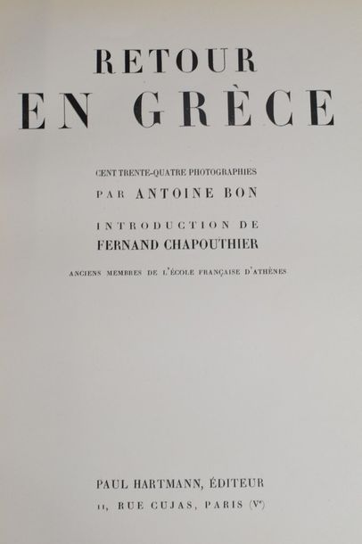 null BON (Antoine). Retour en Grèce. Paris, Paul Hartmann, 1934. In-4, demi-maroquin...