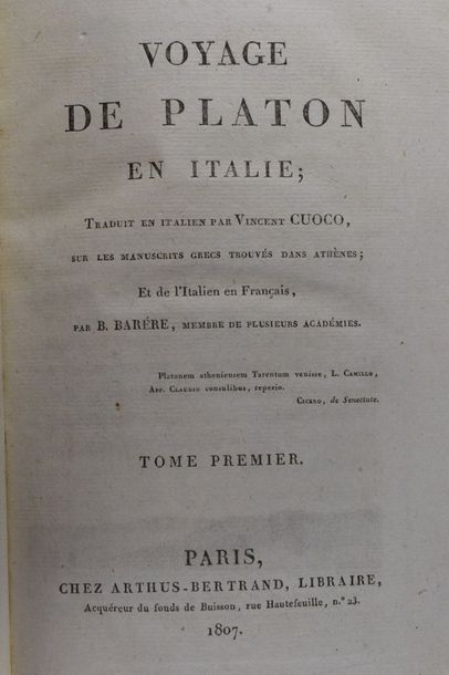 null CUOCO (Vincenzo). Voyage de Platon en Italie. Paris, Arthus-Bertrand, 1807....