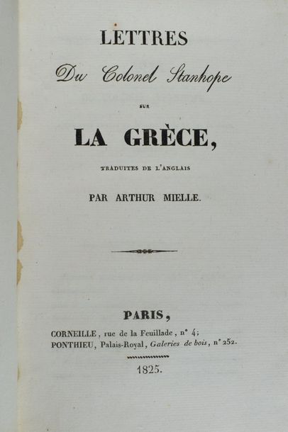 null STANHOPE. Lettres sur la Grèce. Paris, Corneille, Ponthieu, 1825. In-8, demi-basane...