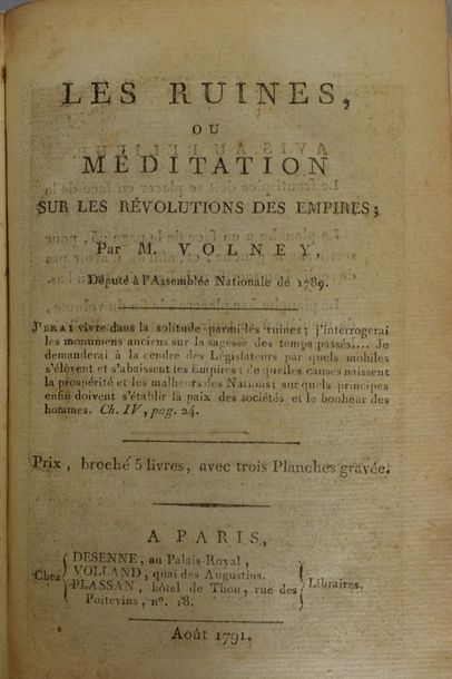 null VOLNEY. Les Ruines, ou Méditations sur les révolutions des empires. Paris, Desenne,...