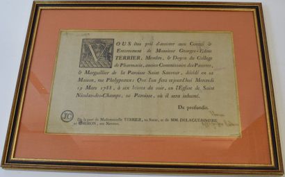 null Placard mortuaire annonçant le décès de M. Terrier en 1788.

[ Vous êtes prié...