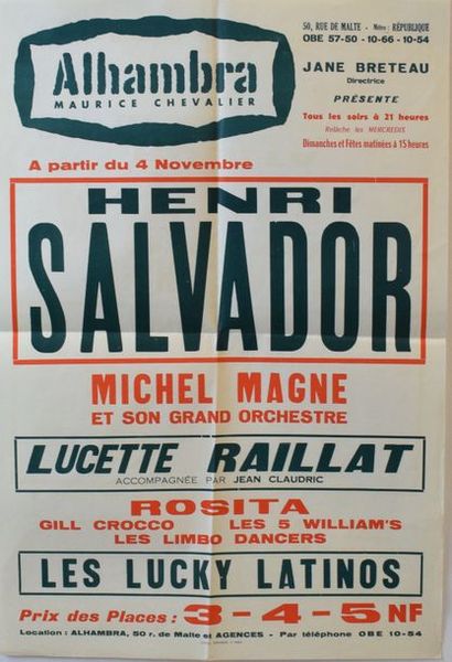 null ALHAMBRA Maurice Chevalier. Affiche CIRCA 1960.

Henri SALVADOR Michel Magne...