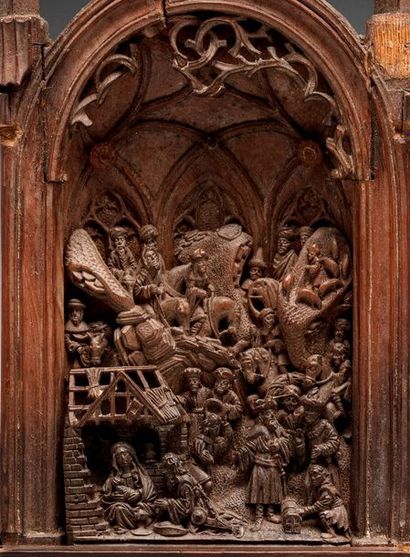 null Partie centrale d'un triptyque en buis sculpté en fort-relief représentant l'Adoration...