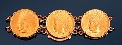 null Bracelet en or jaune 18k (750) orné de 6 pièces de 10 dollars "Indian Head -...