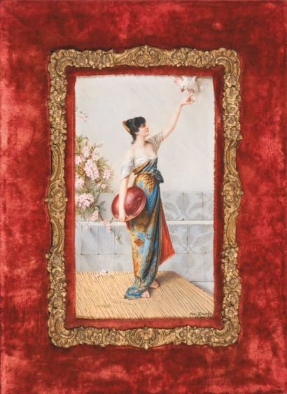 VIENNE, Josef Zasche (entre 1847 - 1894) Plaque en porcelaine, Le bel oiseau Scène...