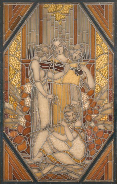 Albert MARTINE (né en 1888) Vitrail en verre à décor de deux musiciens et deux choristes,...