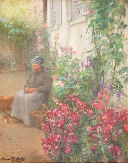 null MICHAUD Léonie, née en 1873, 

Paysanne au jardin, 

huile sur toile, signée...