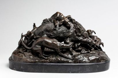 null LECOURTIER A., XIXe siècle

Chiens harcelant un sanglier

groupe en bronze à...