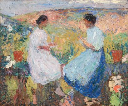 Henri MARTIN Les dévideuses, circa 1912 Huile sur panneau, non signé, un n° 72 au...