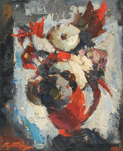 Boris PASTOUKHOFF Bouquet au pot rouge,1956 Huile sur toile, signée en bas à gauche...