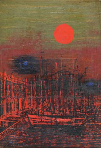 CARZOU Soleil rouge,1968 Huile sur isorel, signée et datée en bas à gauche et au...