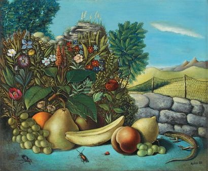 Georges SPIRO Paysage aux fruits,1950 Huile sur toile (quelques restaurations), signée...