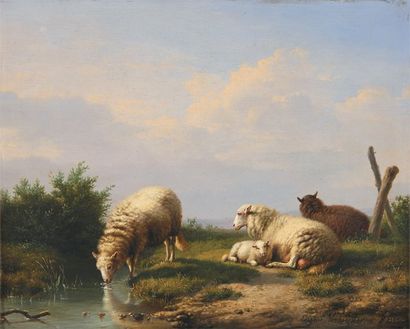 Eugène Joseph VERBOEKHOVEN Moutons s'abreuvant à la mare,1852 Huile sur panneau,...