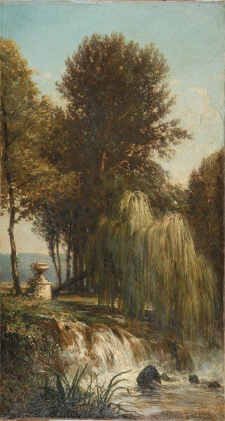 Émile Charles LAMBINET Cascade sous les arbres,1871 Huile sur toile (restaurations),...