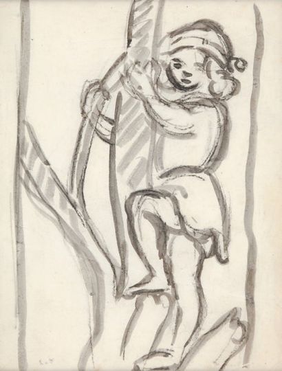 Louis VALTAT Enfant grimpant à un arbre Encre noire et fusain, cachet du monogramme...