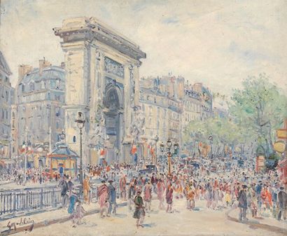 Gustave MADELAIN Porte Saint-Denis un 14 juillet Huile sur toile, signée en bas à...