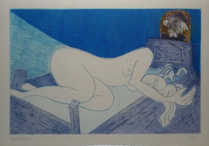 LANDIER Henri, né en 1935 La belle endormie, L909, 1999 Eau-forte en couleurs n°24/...
