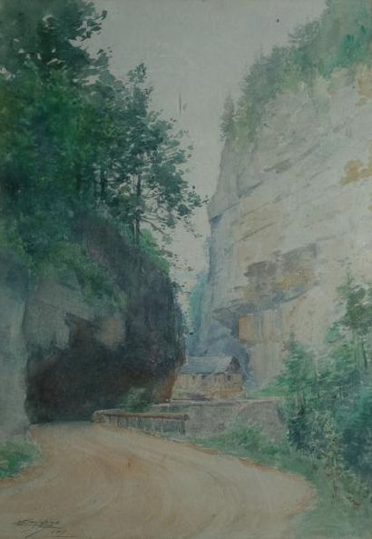 ENJOLRAS Delphin, 1857-1945 Chemin et maison dans une gorge, 1917 Aquarelle, signée...