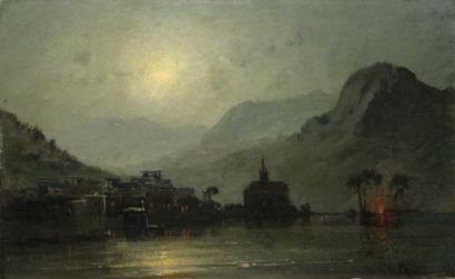 ESCHKE Hermann, 1823-1900 Vue du lac de Genève au clair de lune Huile sur carton,...
