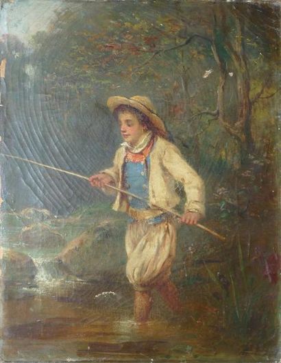 LEJEUNE Eugène, 1818-1897 Petit pêcheur breton Huile sur toile (craquelures, accidents...