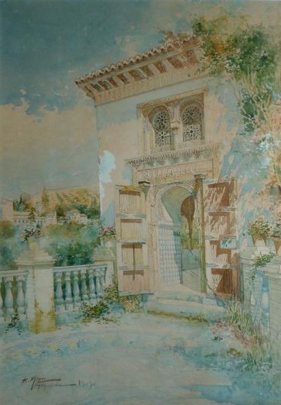 MARIN HIGUERO Enrique, 1876-1940 Terrasse à Grenade, 1909 Aquarelle gouachée (traces...