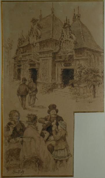 PILLE Henri, 1844-1897 Pavillon du Nicaragua à l'Exposition Universelle Plume, encre...