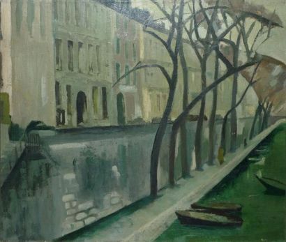 null Le quai d'Orléans, 1948-1950 Huile sur toile (craquelures), cachet d'atelier...