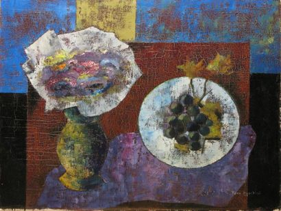 AGOSTINI Tony, 1916-1990 Bouquet et raisins Huile sur toile (craquelures), signée...