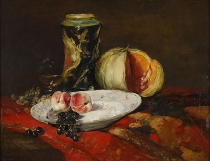 null Melon, vase et fruits Huile sur panneau (restaurations), signé deux fois en...