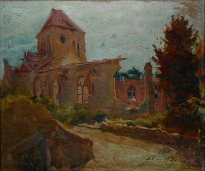 ARTHUR-MIDY, 1887-1944 Église à Sermaize, 1917 Huile sur carton, signé, situé et...