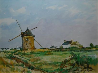 null Moulin en Bretagne Aquarelle, signée en bas à droite. 39 x 53 cm.