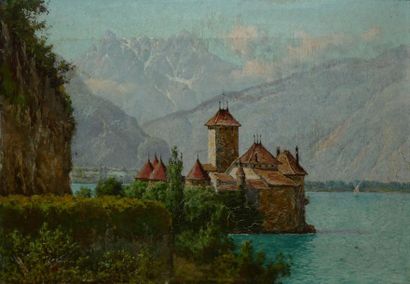 BAIRD William Baptiste, 1847-1917 Château de Chillon Huile sur toile (craquelures),...