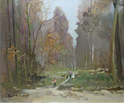 BARTHÉLÉMY Gérard, né en 1927 Promeneurs en forêt Huile sur toile (petites griffures),...