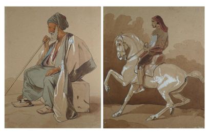 CHARLET Nicolas Toussaint entourage de Cavalier et vieil oriental Deux aquarelles...