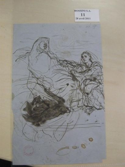Alfred DEHODENCQ, 1822 - 1882 Etude de personnages Dessin à la plume sur papier bleu...