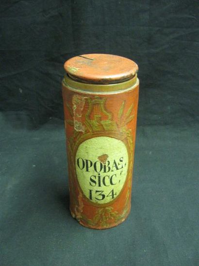 null Pot à pharmacie en bois polychrome rouge comportant une inscription "Opobals...