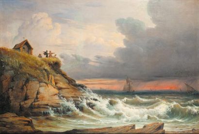 DELIGNY E, Ecole FRANÇAISE du XIXe siècle Personnages observant la mer par temps...