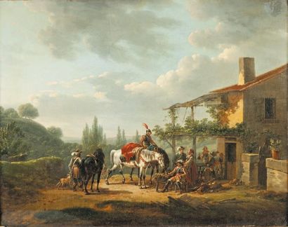 Swebach DESFONTAINES (1769 -1823) Une halte de militaires devant une auberge Toile....